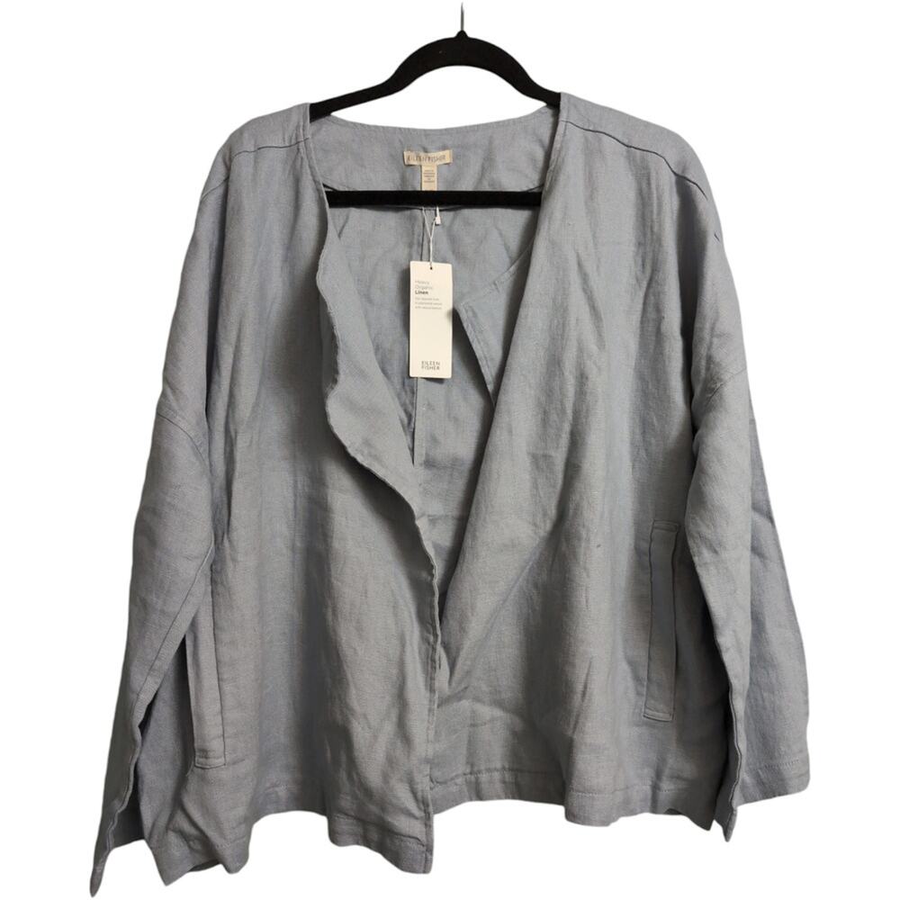 Eileen Fisher Dawn (Blue) Heavy Organic Linen Open Front Jacket Pockets Size XL